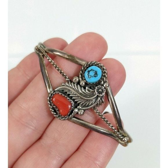 Southwestern Turquoise dual Stone Cuff Bracelet - Sterling Silver vintage - Picture 9 of 11